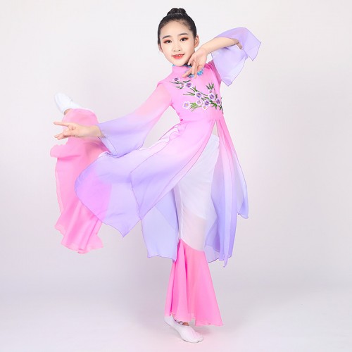 Girls kids chinese classical folk dance dress pink purple gradient color fairy hanfu dress for girl chiffon yangko Umbrella Dance Performance Costume